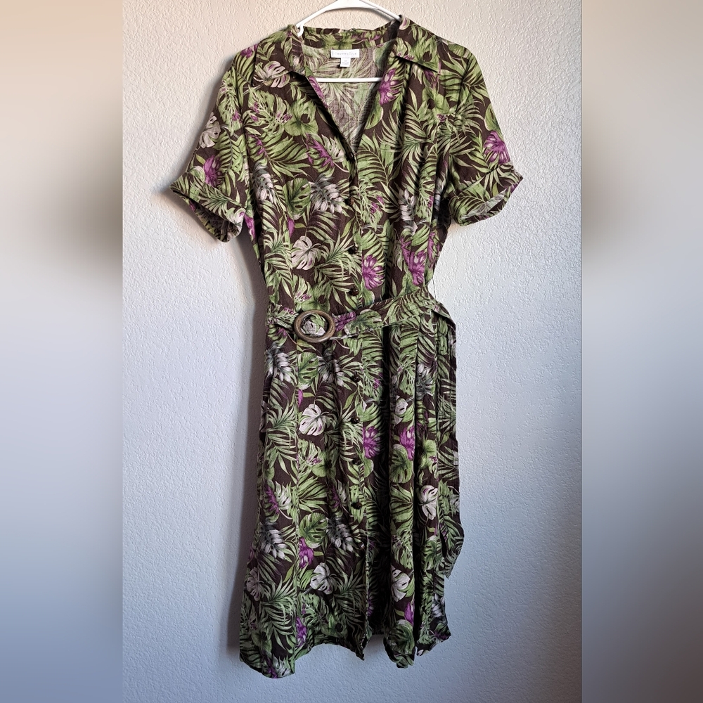 Charter Club Linen Tropical Vacation Monstera Leaf Button Front Belted Dress 14